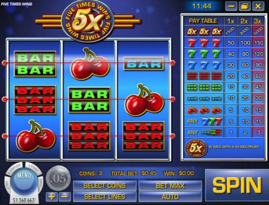Play 5 Times Wins Video Slot Online For Free